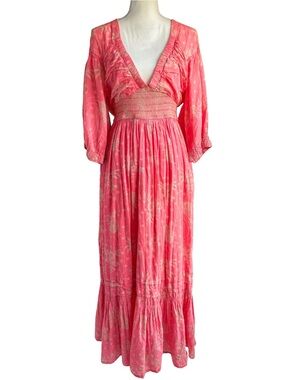 Free People Golden Hour Floral Cotton Maxi Dress Electro Pop Pink Boho Size S/M